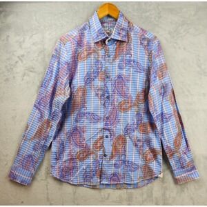 Brandolini Mens Medium Blue Orange Paisley Plaid Shirt Long Sleeve Casual